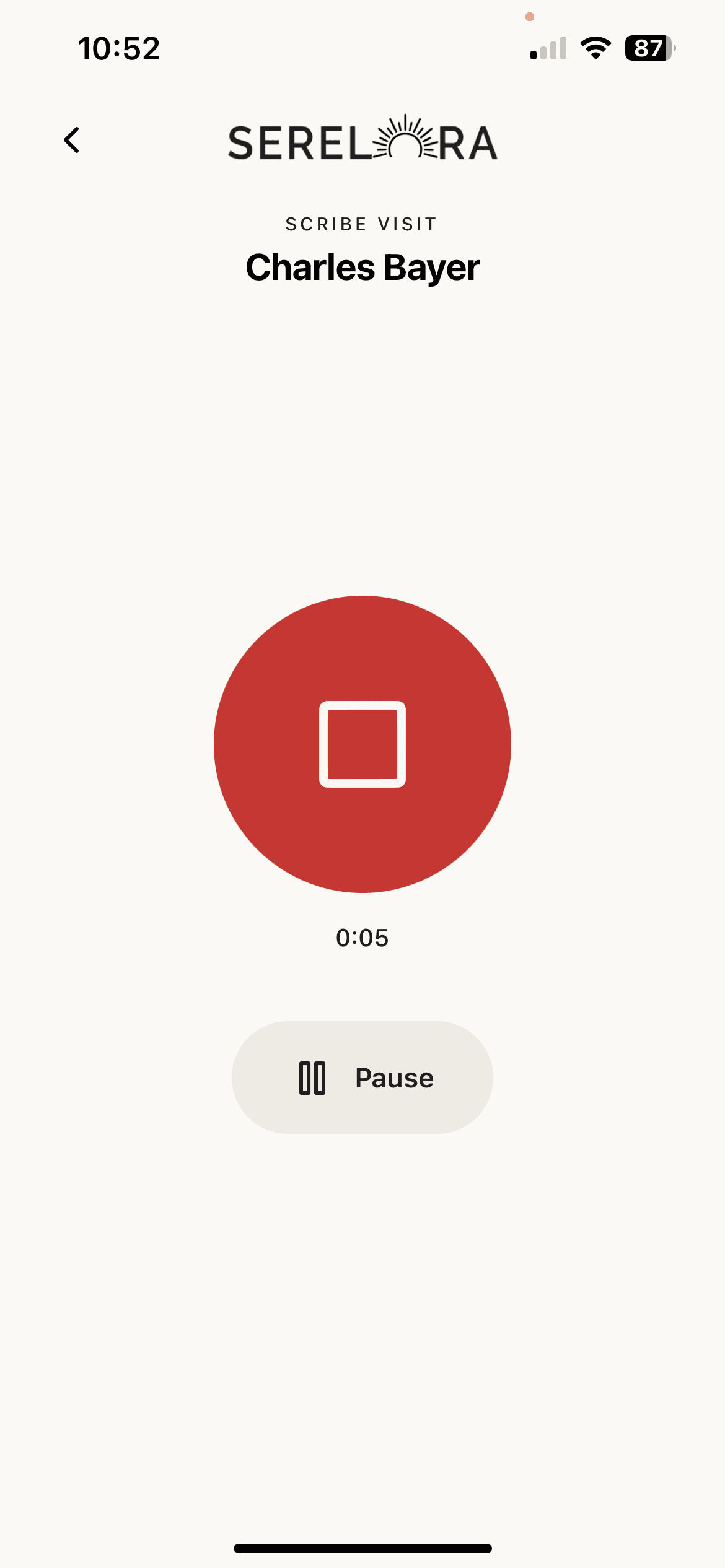 Serelora mobile app recording a patient visit